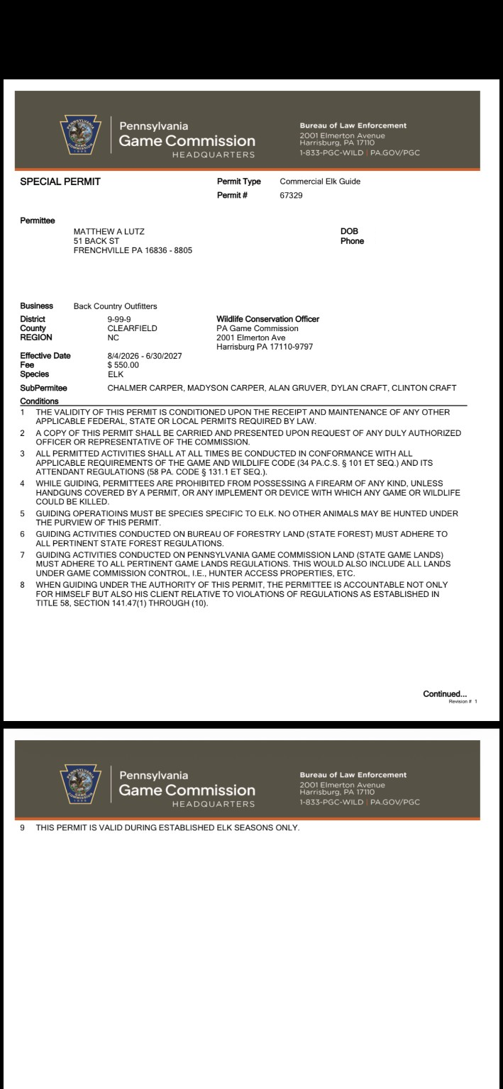 Pennsylvania Game Commission Commercial Elk Guide permit for PA Backcountry Outfitters